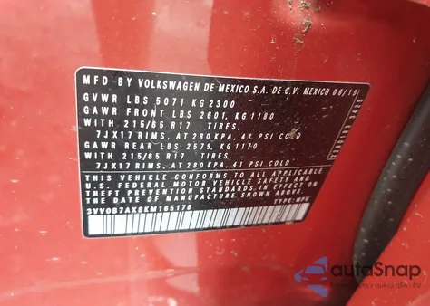 2019 Volkswagen Tiguan 2.0T S from USA, damaged, VIN 3VV0B7AX8KM165178